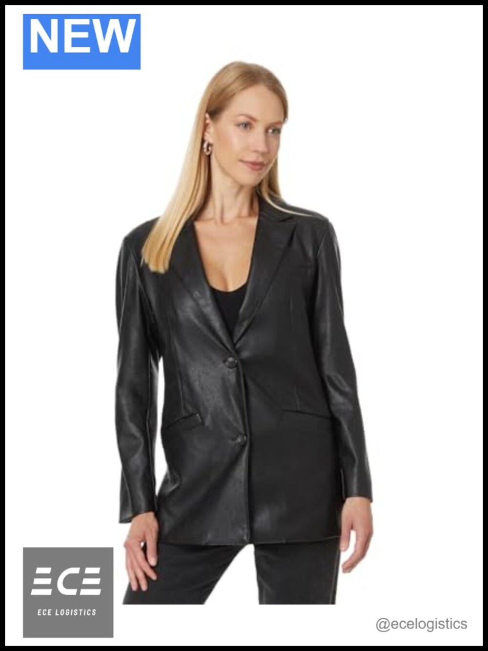 Faux Leather Single Breasted Blazer with Notch Collar, Welt Pockets, Relaxed Fit